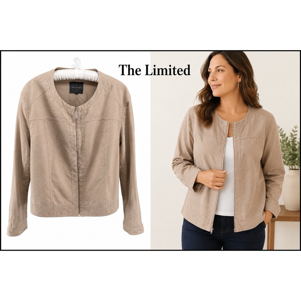 The Limited Women's Beige Linen Blend Zip Front Jacket Collarless Size 2X Est